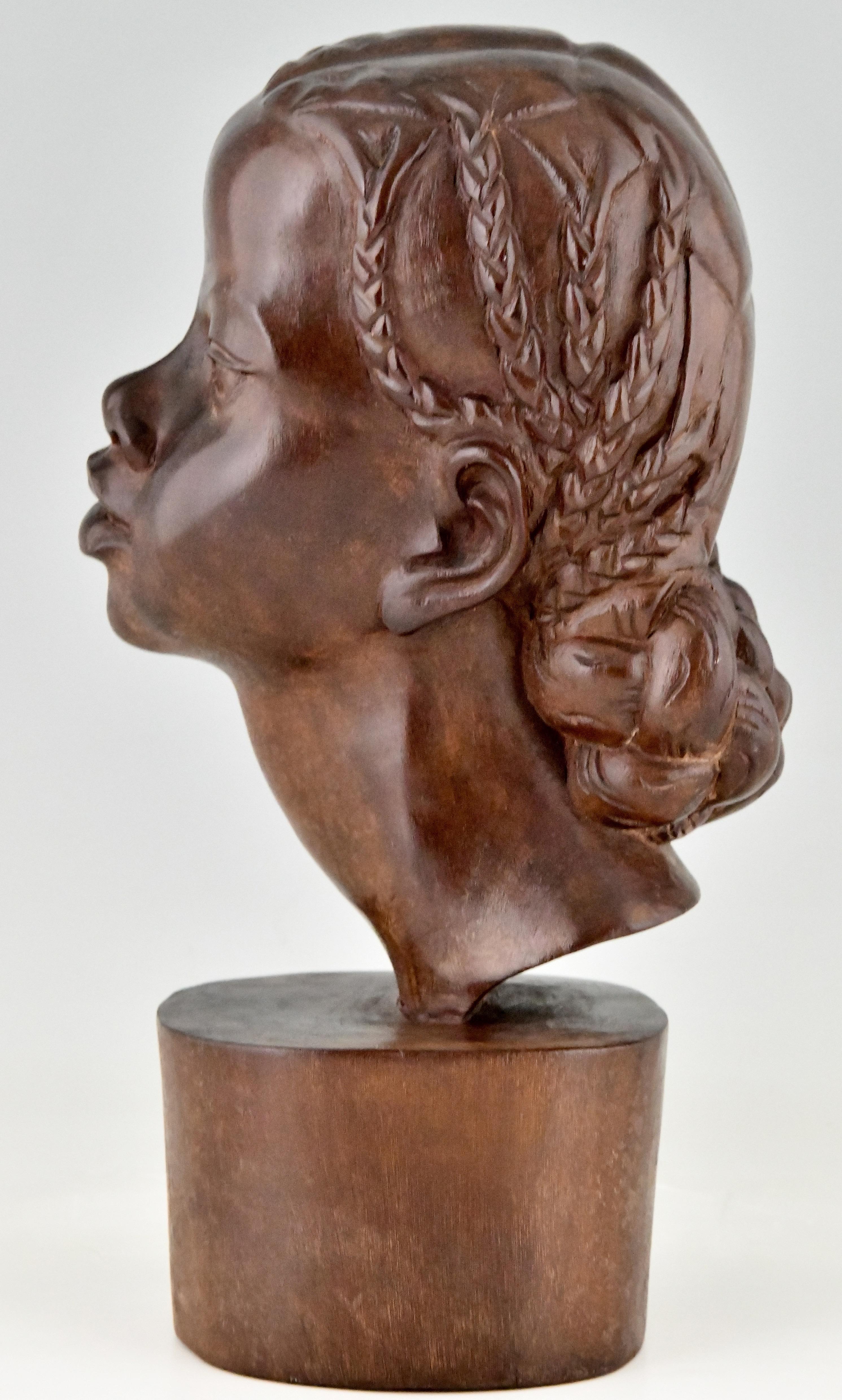 Mid-20th Century Mid Century Hand Carved Wooden Sculpture African Beauty A. Ramarson 1959 For Sale