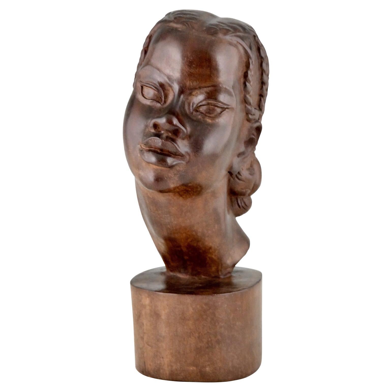 Mid Century Hand Carved Wooden Sculpture African Beauty A. Ramarson 1959 For Sale