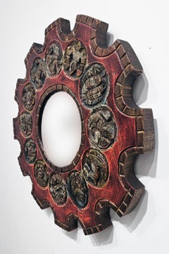 Mid Century Hand Carved Zodiac Sunburst Convex Arnolfini Mirror, Spain, c. 1950