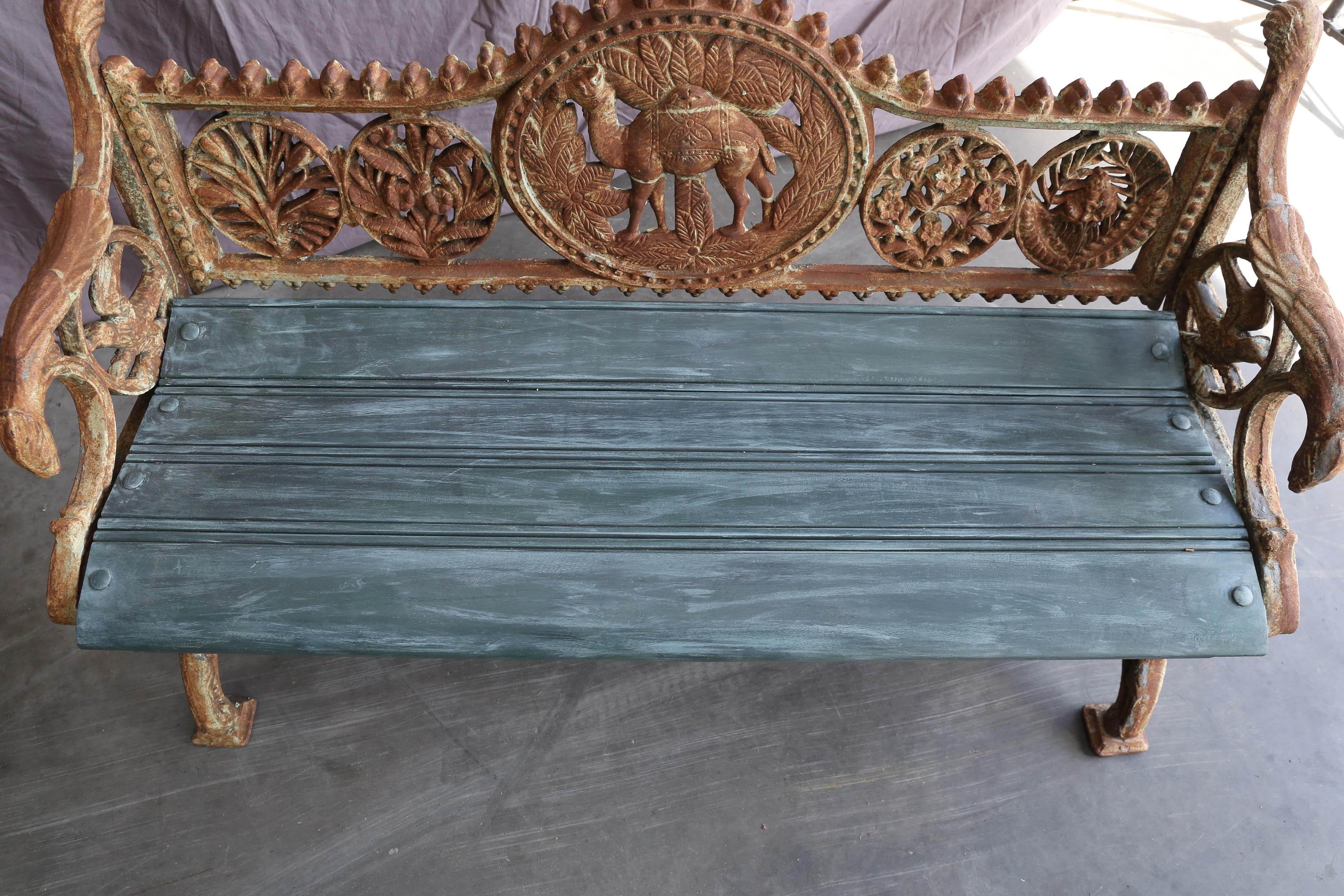 Indian Mid-Century Hand Crafted Cast Iron and Teak Wood Rail Road Station Bench For Sale