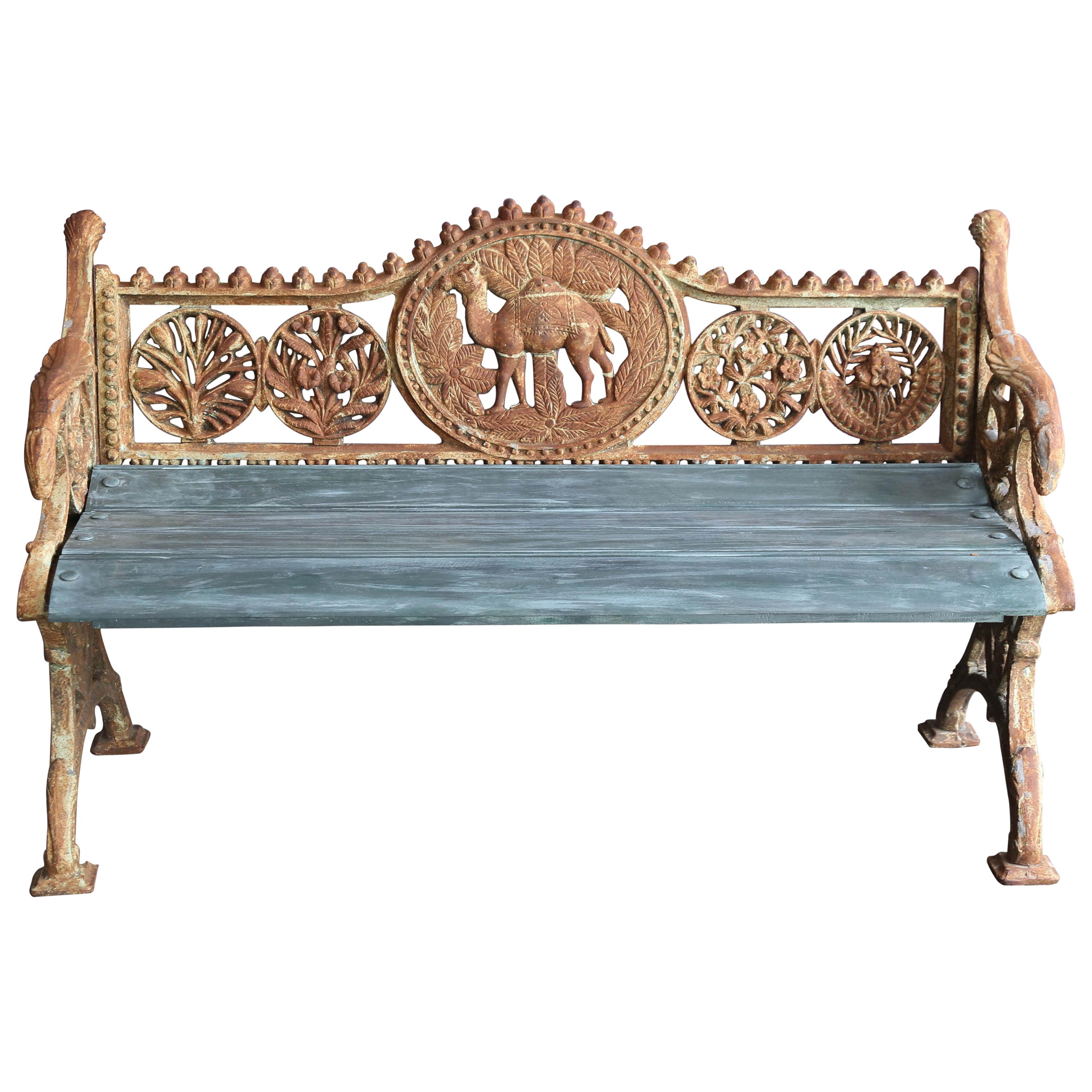 Mid-Century Hand Crafted Cast Iron and Teak Wood Rail Road Station Bench For Sale