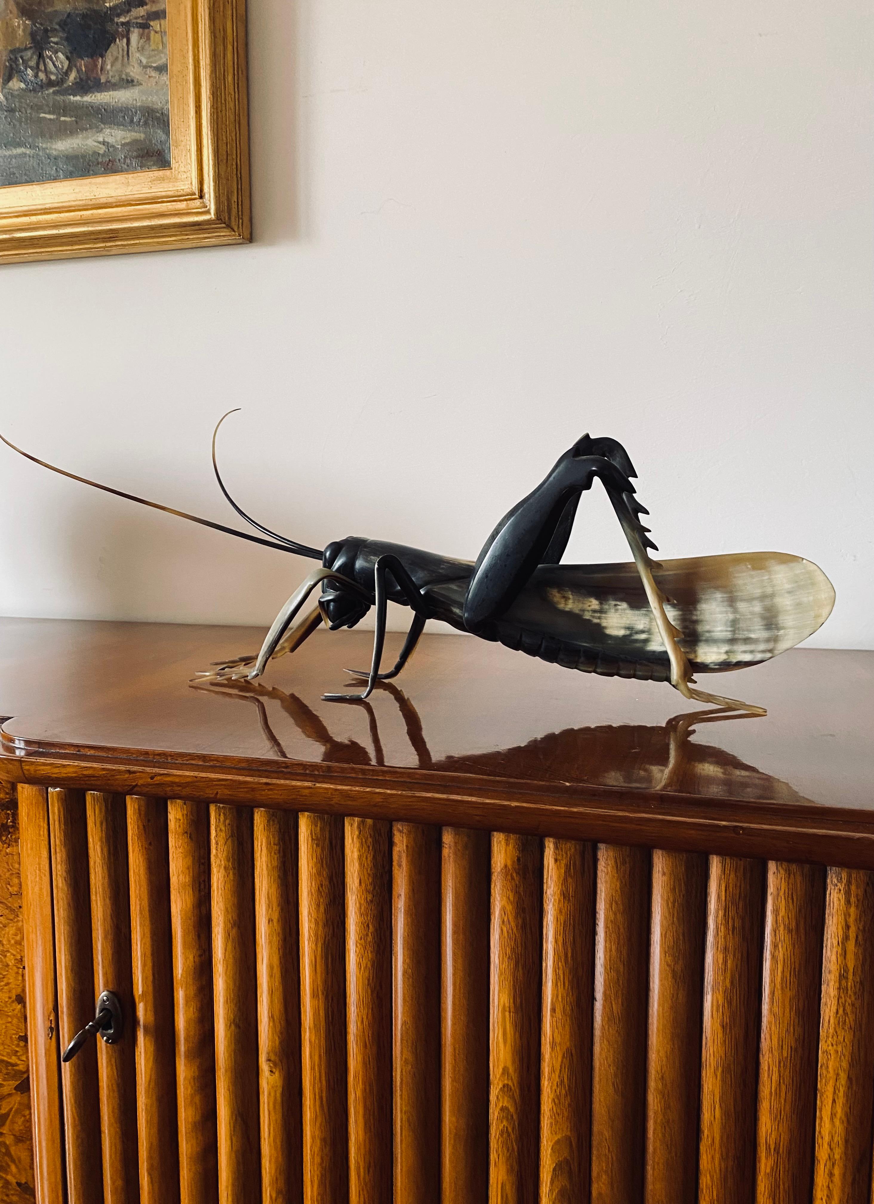 French Midcentury Hand-Crafted Horn Grasshopper, France, 1960s For Sale