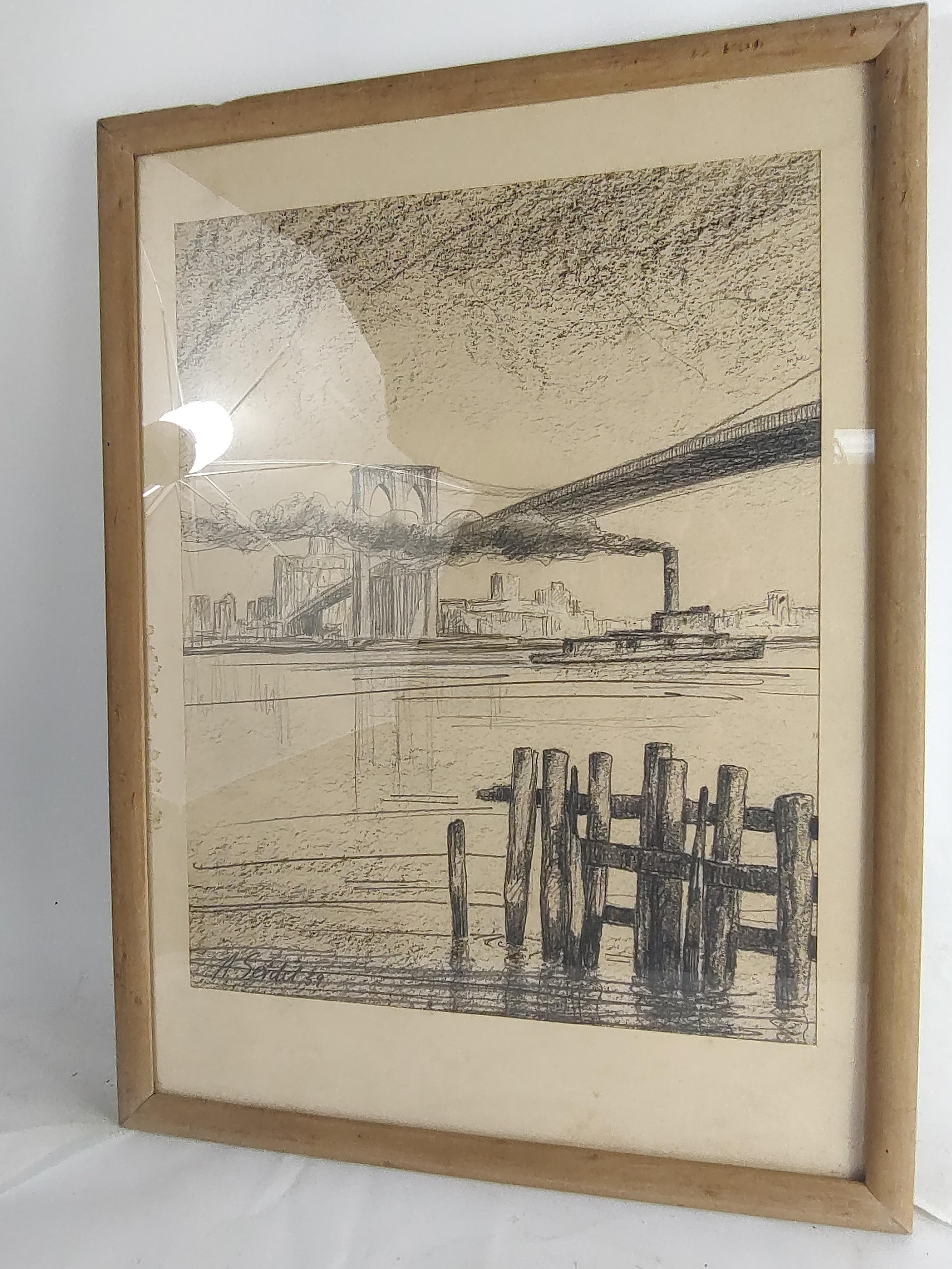 Art Deco Mid Century Hand Drawn Mixed Media of C1939 Brooklyn Bridge & Manhattan Skyline For Sale