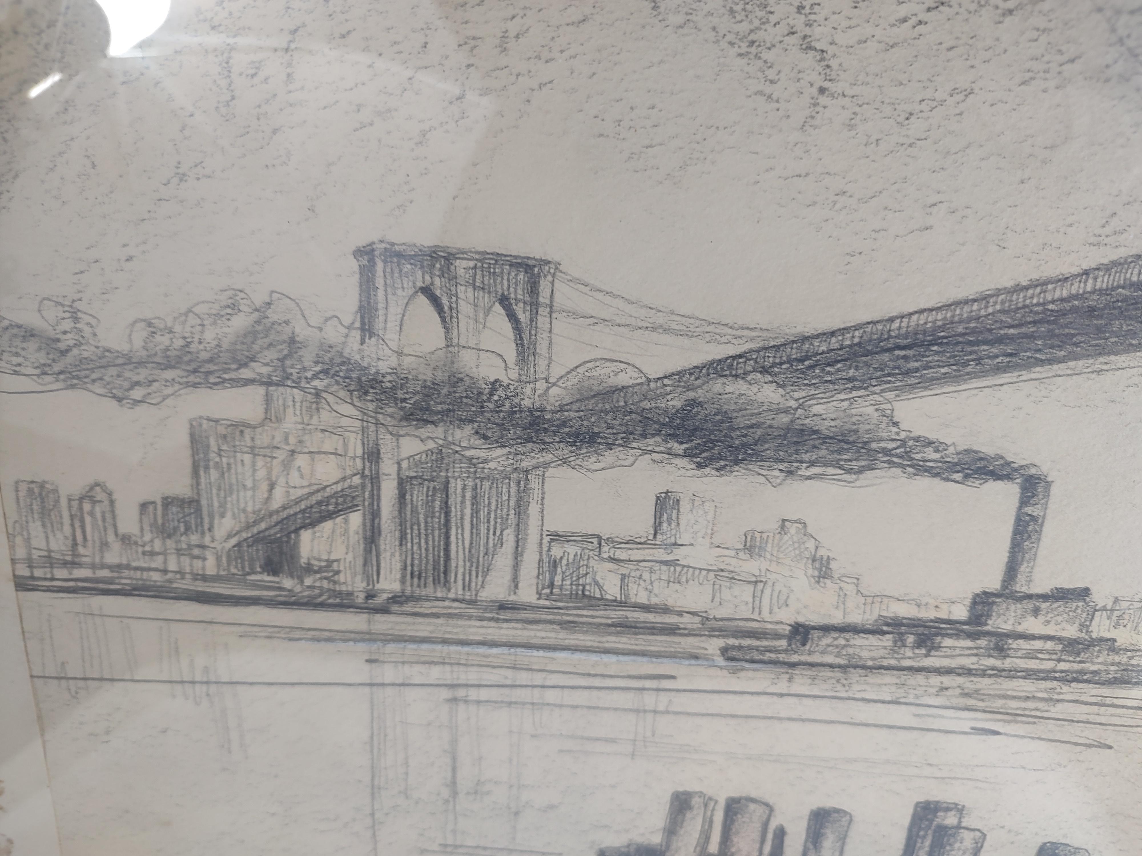 Mid Century Hand Drawn Mixed Media of C1939 Brooklyn Bridge & Manhattan Skyline In Good Condition For Sale In Port Jervis, NY