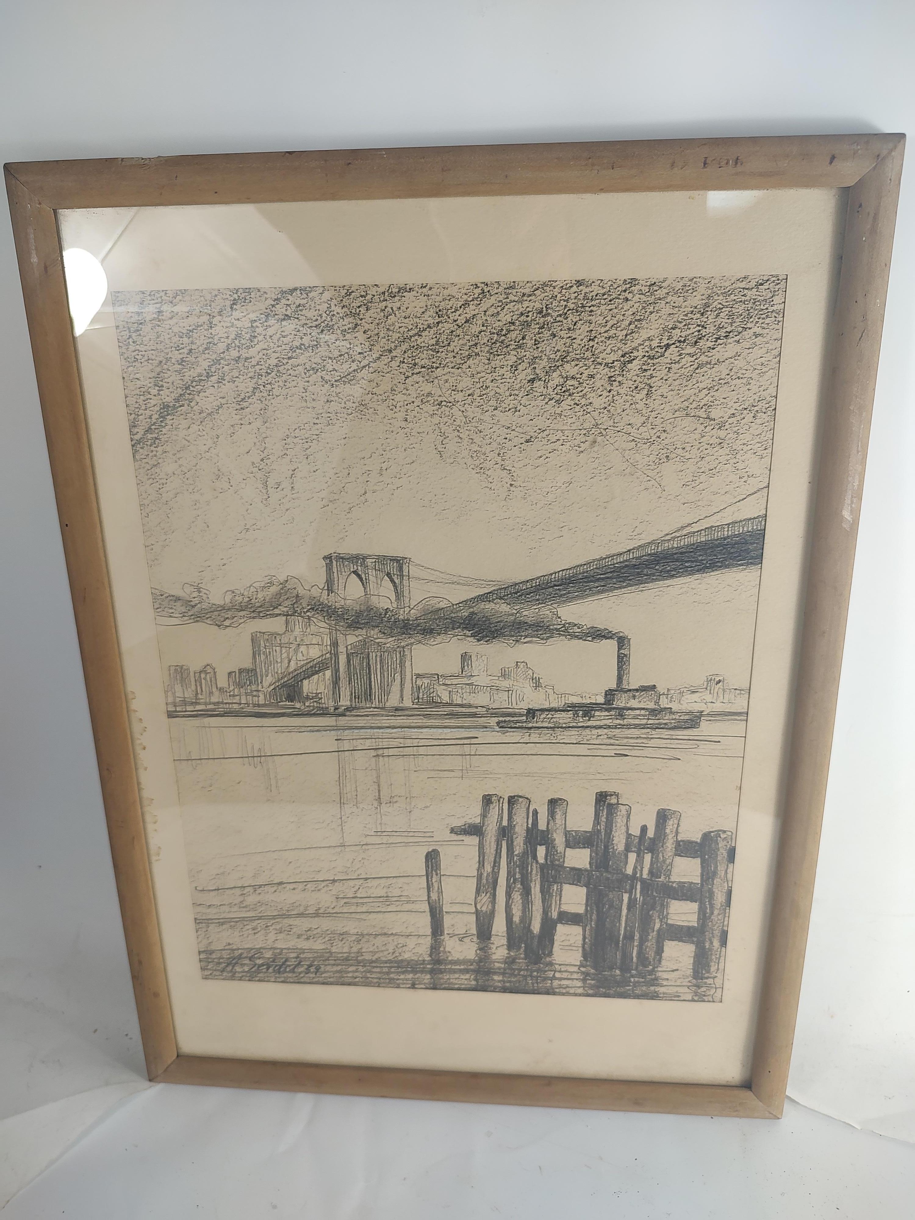 Mid-20th Century Mid Century Hand Drawn Mixed Media of C1939 Brooklyn Bridge & Manhattan Skyline For Sale