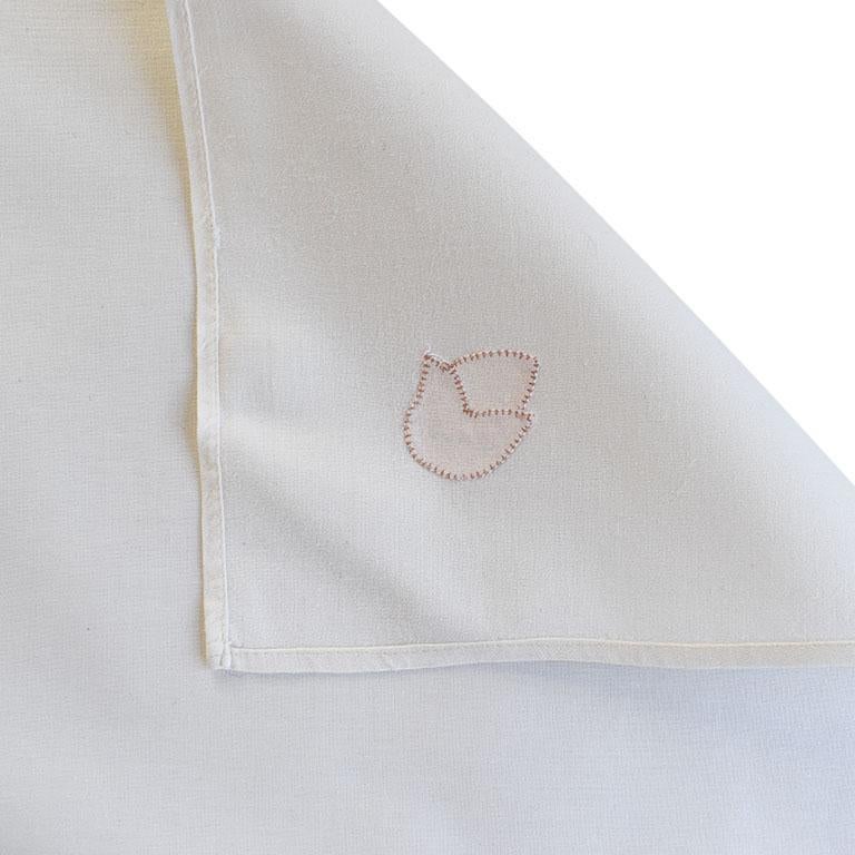 American Mid Century Hand Embroidered Linen Table Napkins with Pink Flowers, Set of 7 For Sale