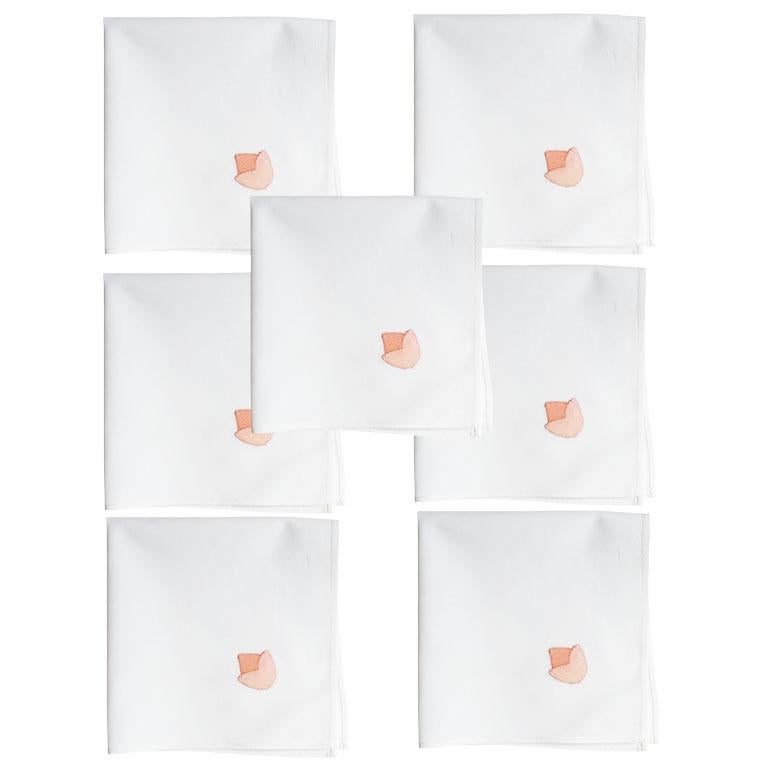 20th Century Mid Century Hand Embroidered Linen Table Napkins with Pink Flowers, Set of 7 For Sale