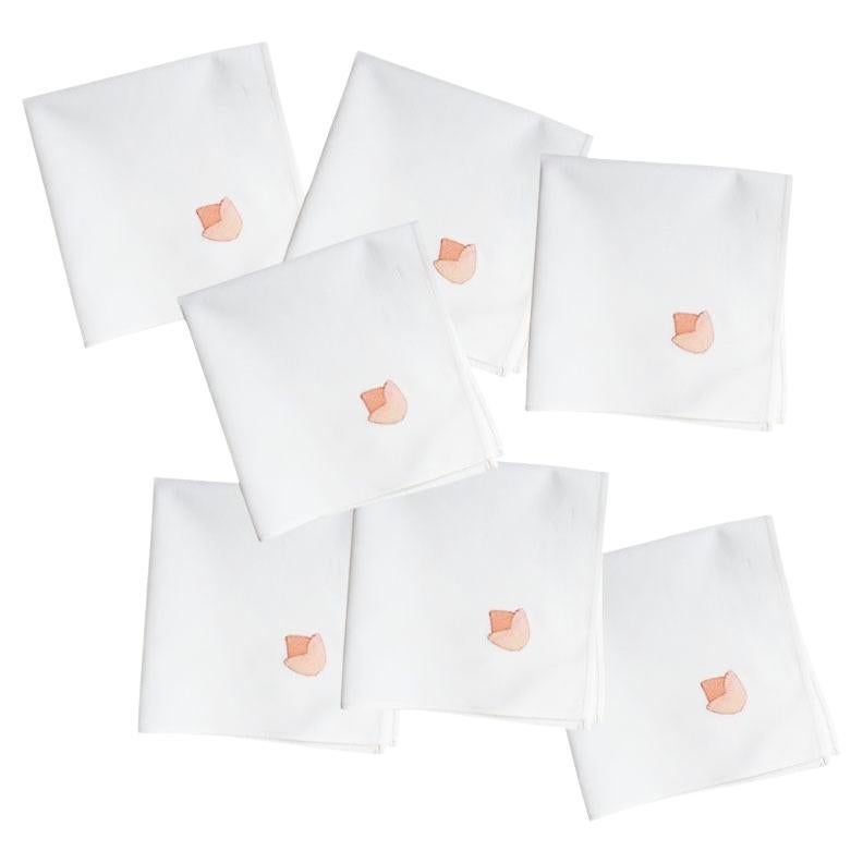 Napkins de table en lin brodés à la main du milieu du siècle avec fleurs roses, lot de 7