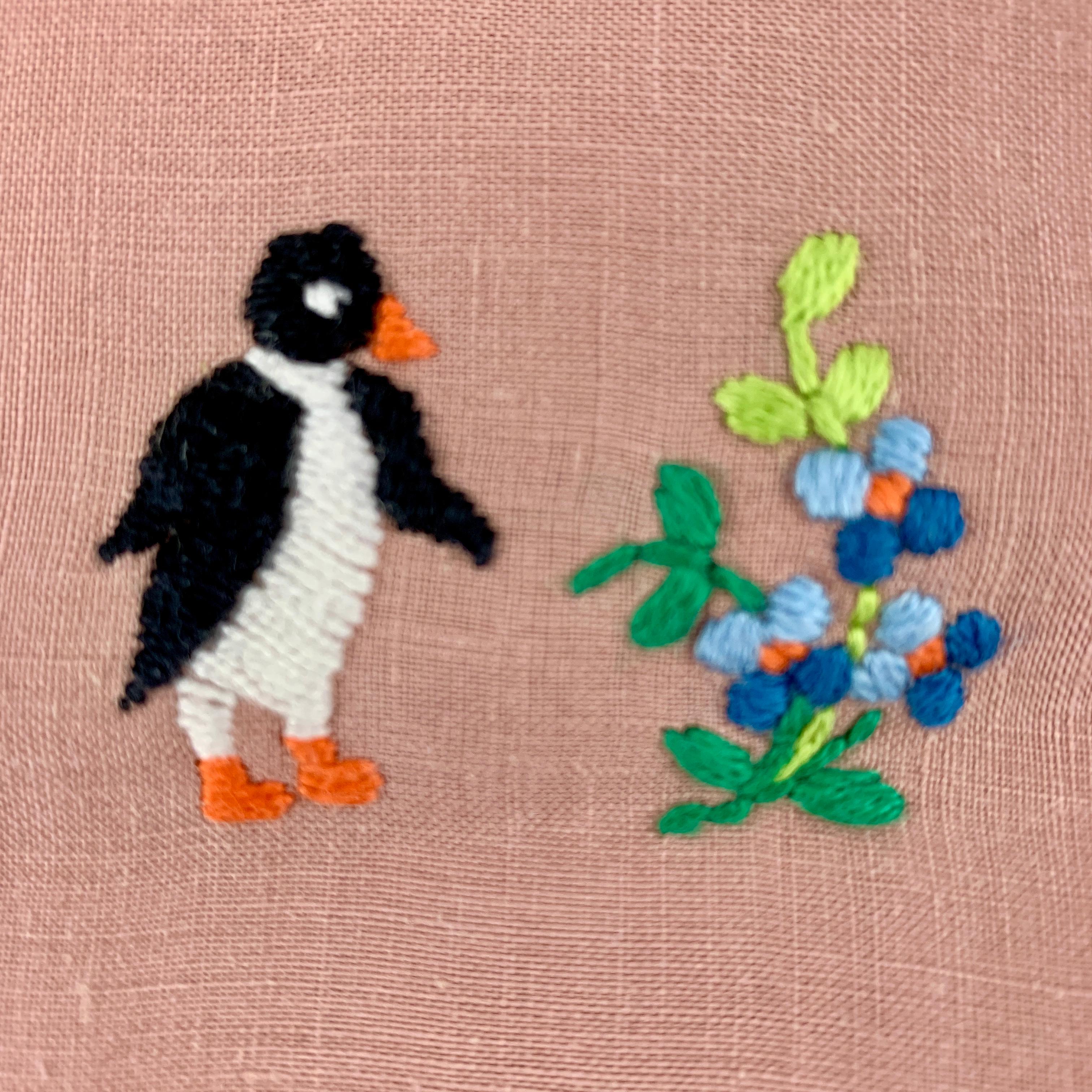 Mid-Century Modern Mid-Century Hand Embroidered Penguin Linen Guest Hand Towels, S/3 For Sale