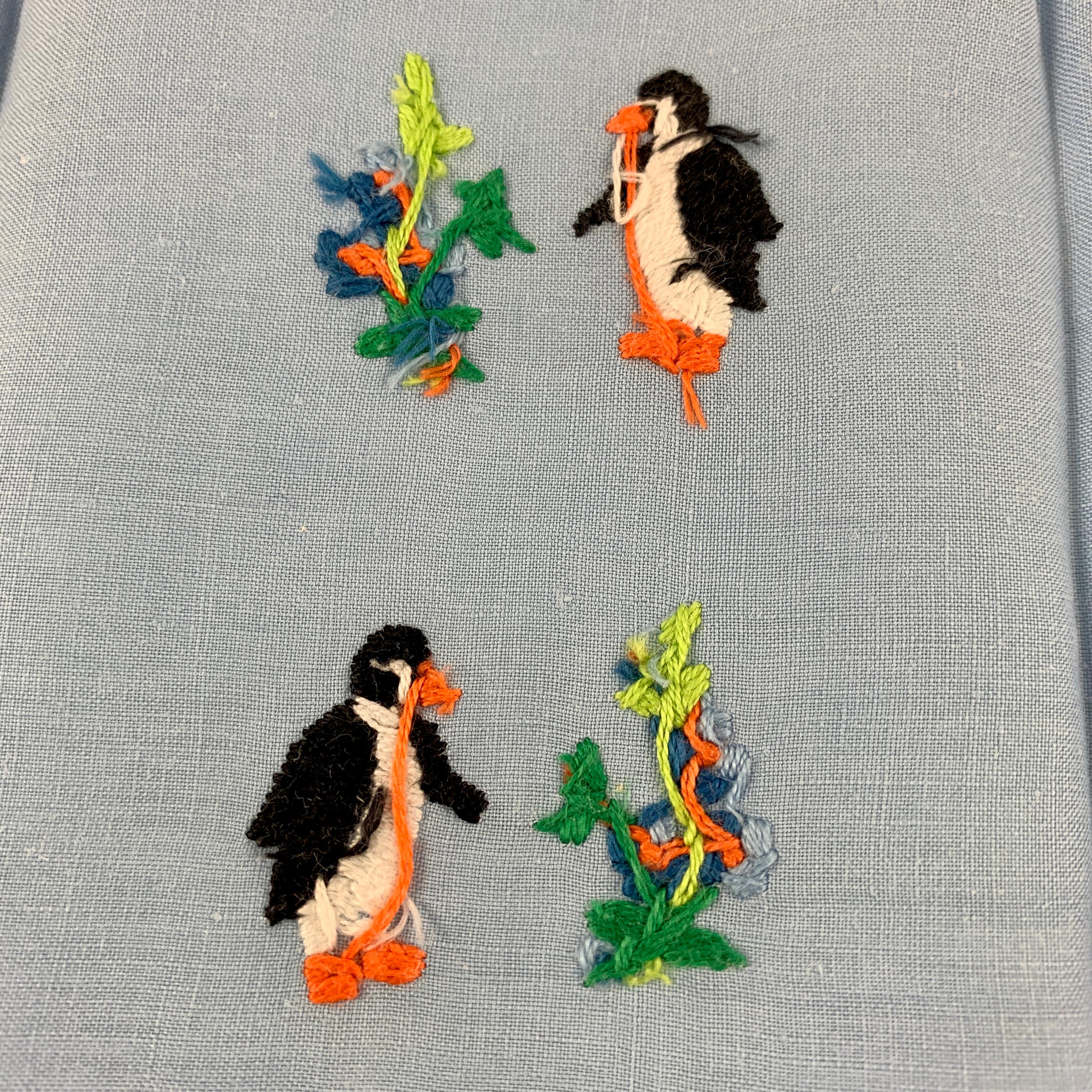 American Mid-Century Hand Embroidered Penguin Linen Guest Hand Towels, S/3 For Sale