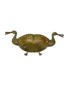Mid-Century Hand-Etched Double Duck Vessel with Floral Inlay