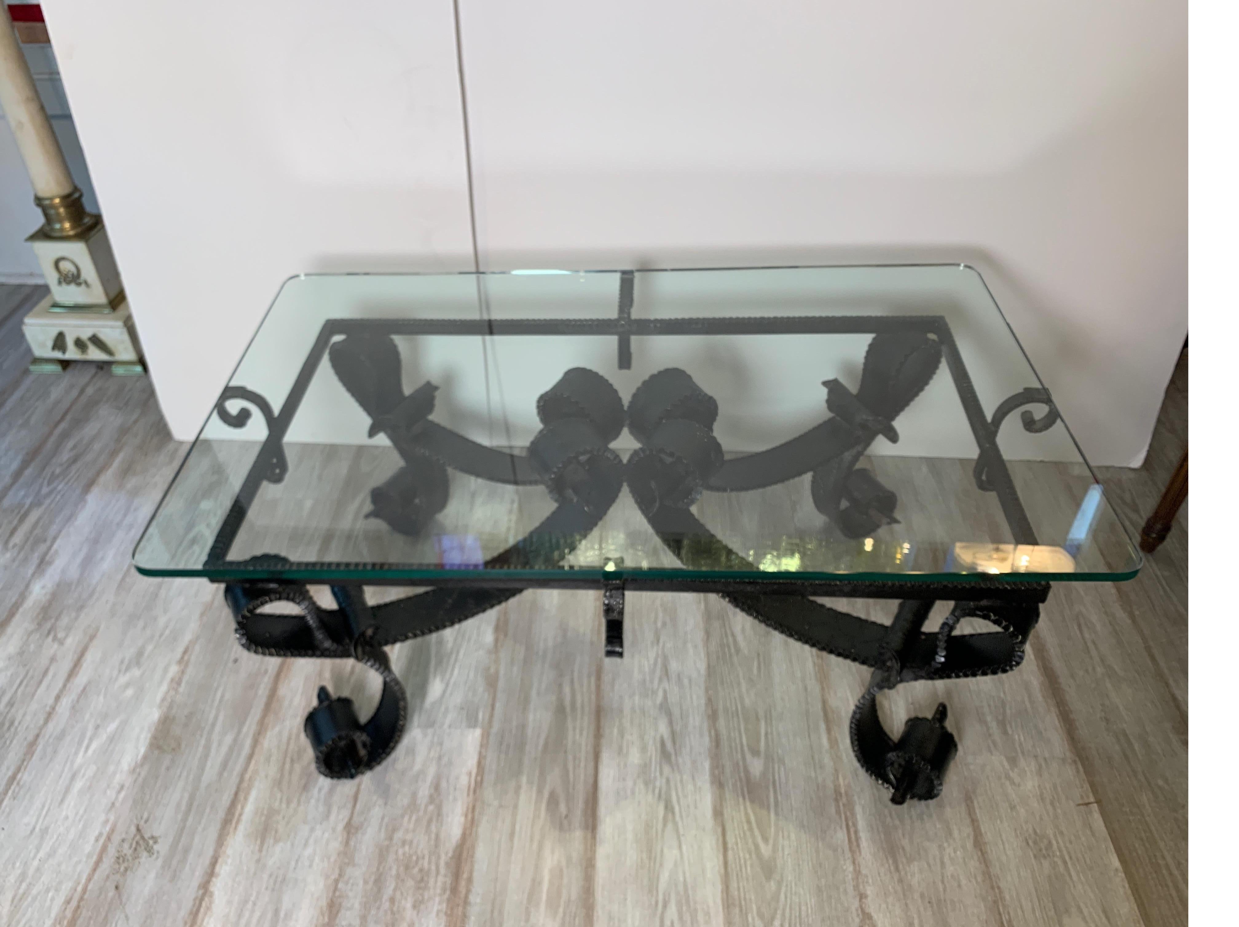 Glass Mid Century Hand Forged Wrought Iron Brutalist Cocktail / Coffee Table