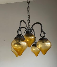 Mid-Century Hand-Forged Wrought Iron Chandelier w. Five Amber Blown Glass Shades