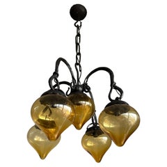Mid-Century Hand-Forged Wrought Iron Chandelier w. Five Amber Blown Glass Shades