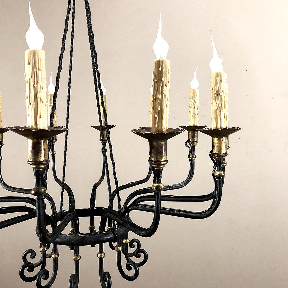 Midcentury Hand Forged Wrought Iron Country French Chandelier with Gold Accents 4