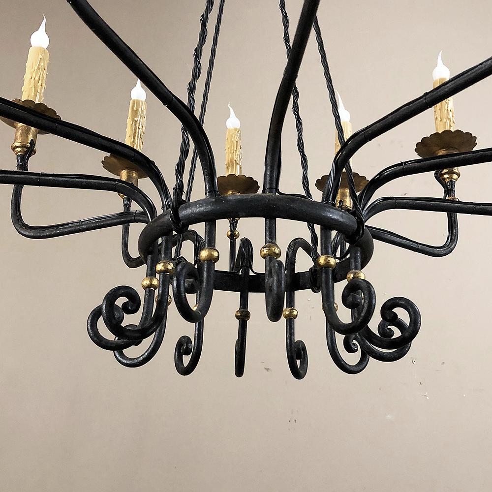 Midcentury Hand Forged Wrought Iron Country French Chandelier with Gold Accents 5