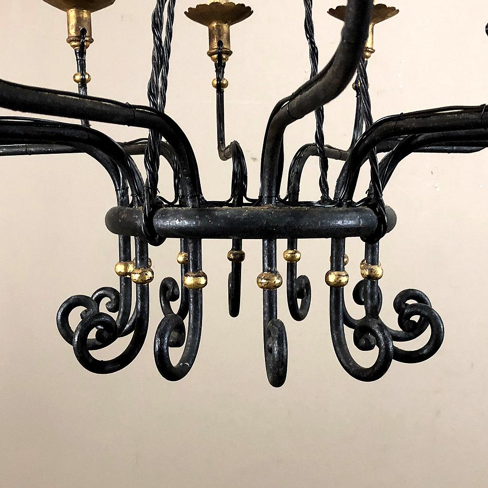 Midcentury Hand Forged Wrought Iron Country French Chandelier with Gold Accents 6