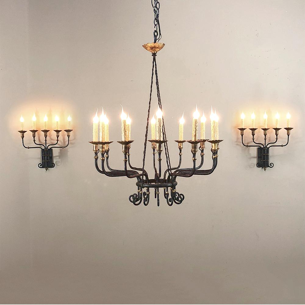 Midcentury Hand Forged Wrought Iron Country French Chandelier with Gold Accents 7