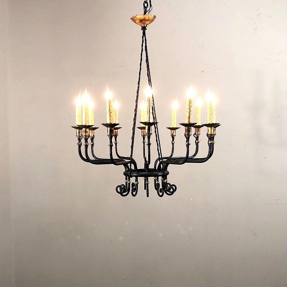French Provincial Midcentury Hand Forged Wrought Iron Country French Chandelier with Gold Accents