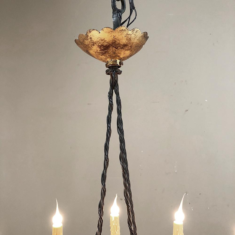 Hand-Crafted Midcentury Hand Forged Wrought Iron Country French Chandelier with Gold Accents