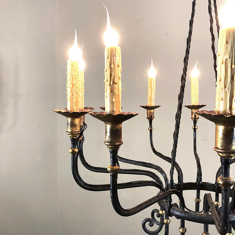 Midcentury Hand Forged Wrought Iron Country French Chandelier with Gold Accents In Good Condition In Dallas, TX