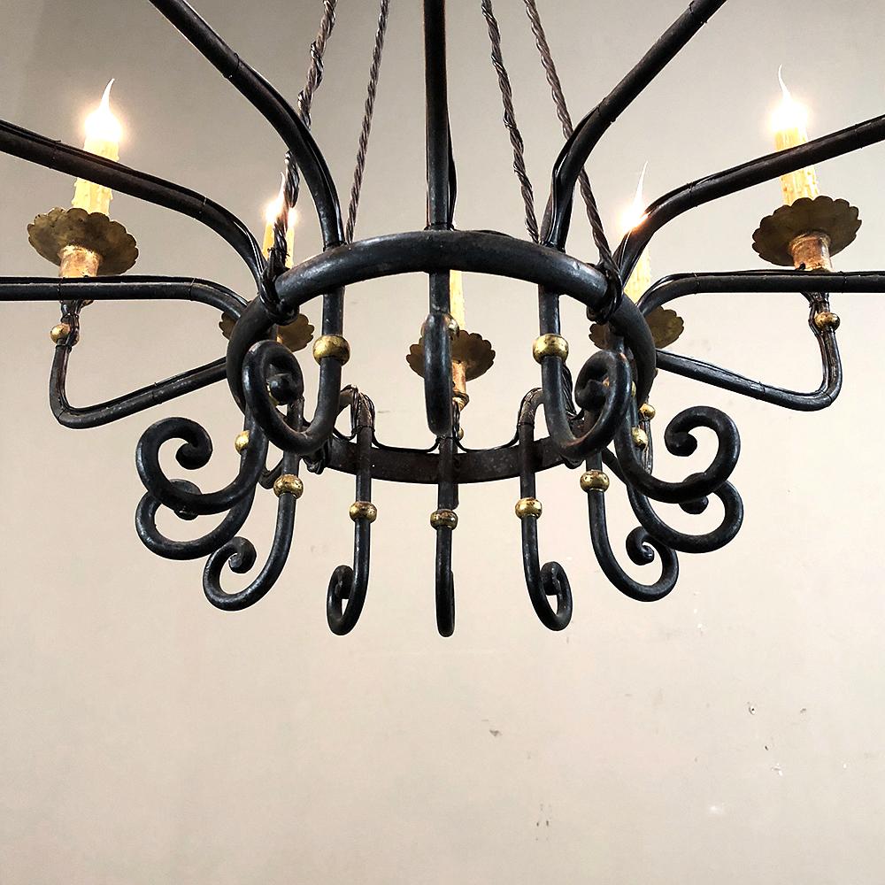 Midcentury Hand Forged Wrought Iron Country French Chandelier with Gold Accents 1