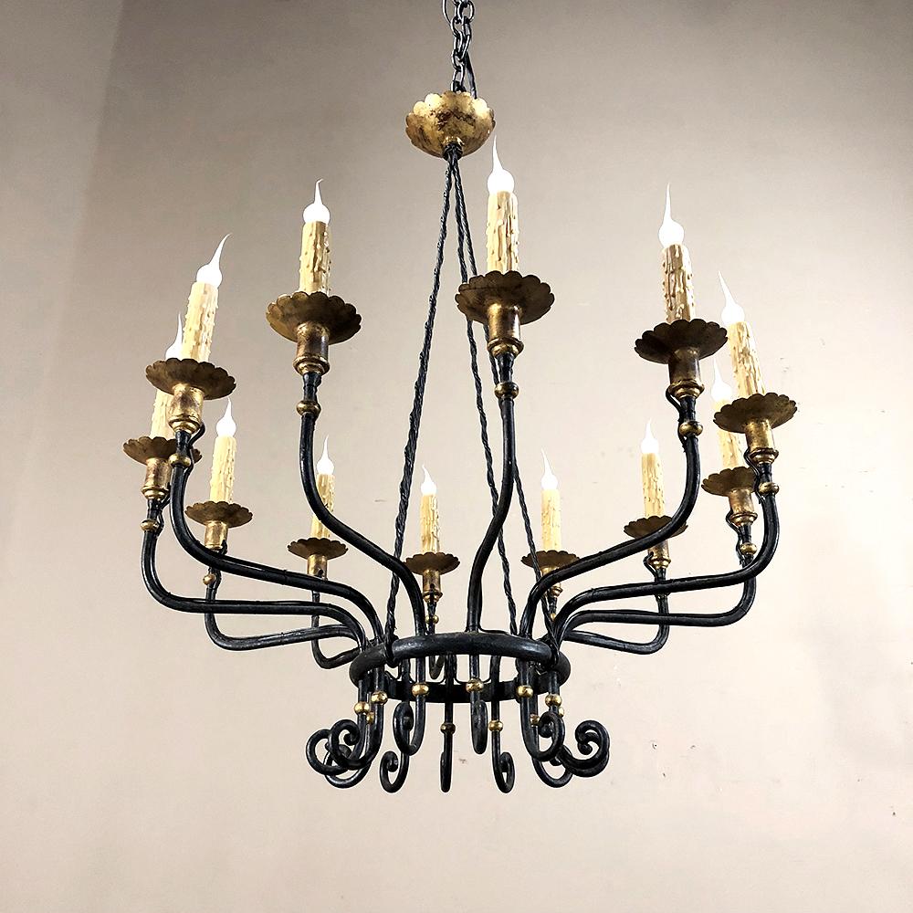 Midcentury Hand Forged Wrought Iron Country French Chandelier with Gold Accents 2