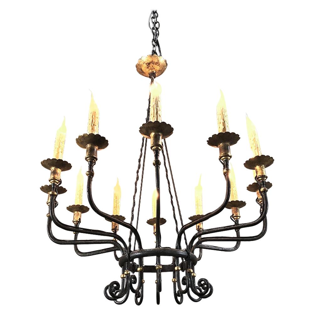 Midcentury Hand Forged Wrought Iron Country French Chandelier with Gold Accents