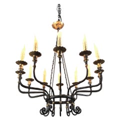 Midcentury Hand Forged Wrought Iron Country French Chandelier with Gold Accents