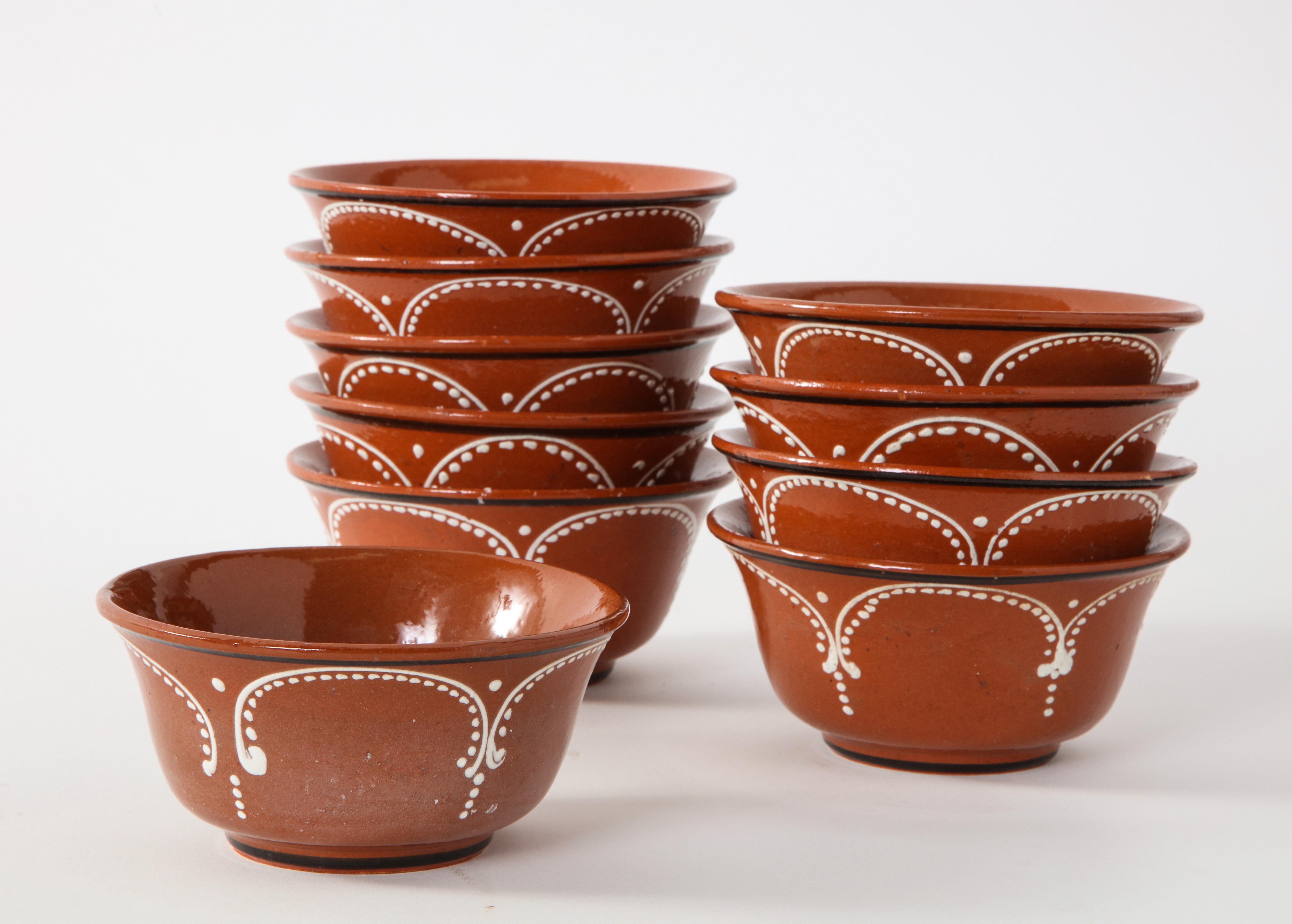Folk Art Midcentury Hand-Glazed Mexican Tlaquepaque Terracotta Bowls, Set of 10