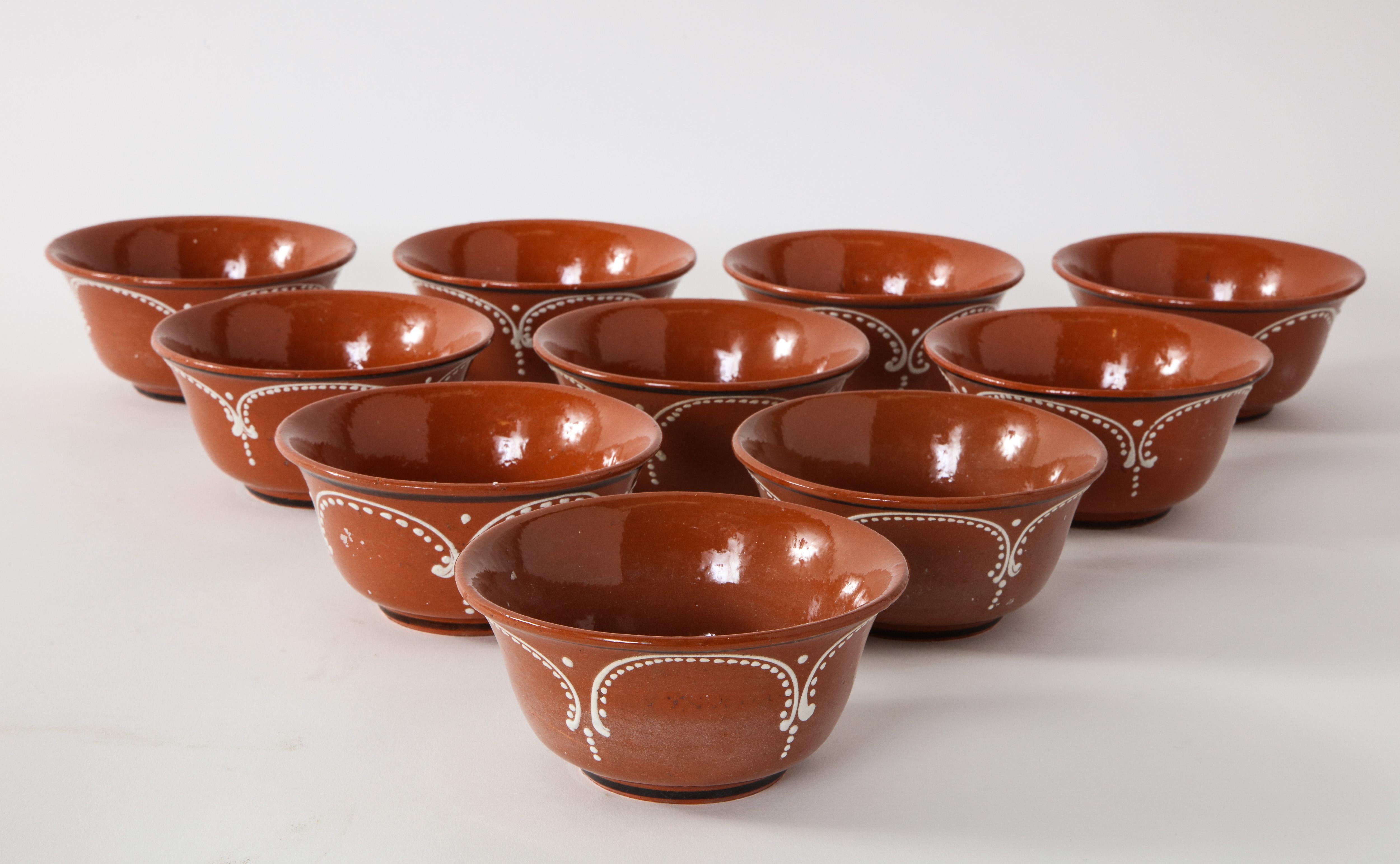 Pottery Midcentury Hand-Glazed Mexican Tlaquepaque Terracotta Bowls, Set of 10