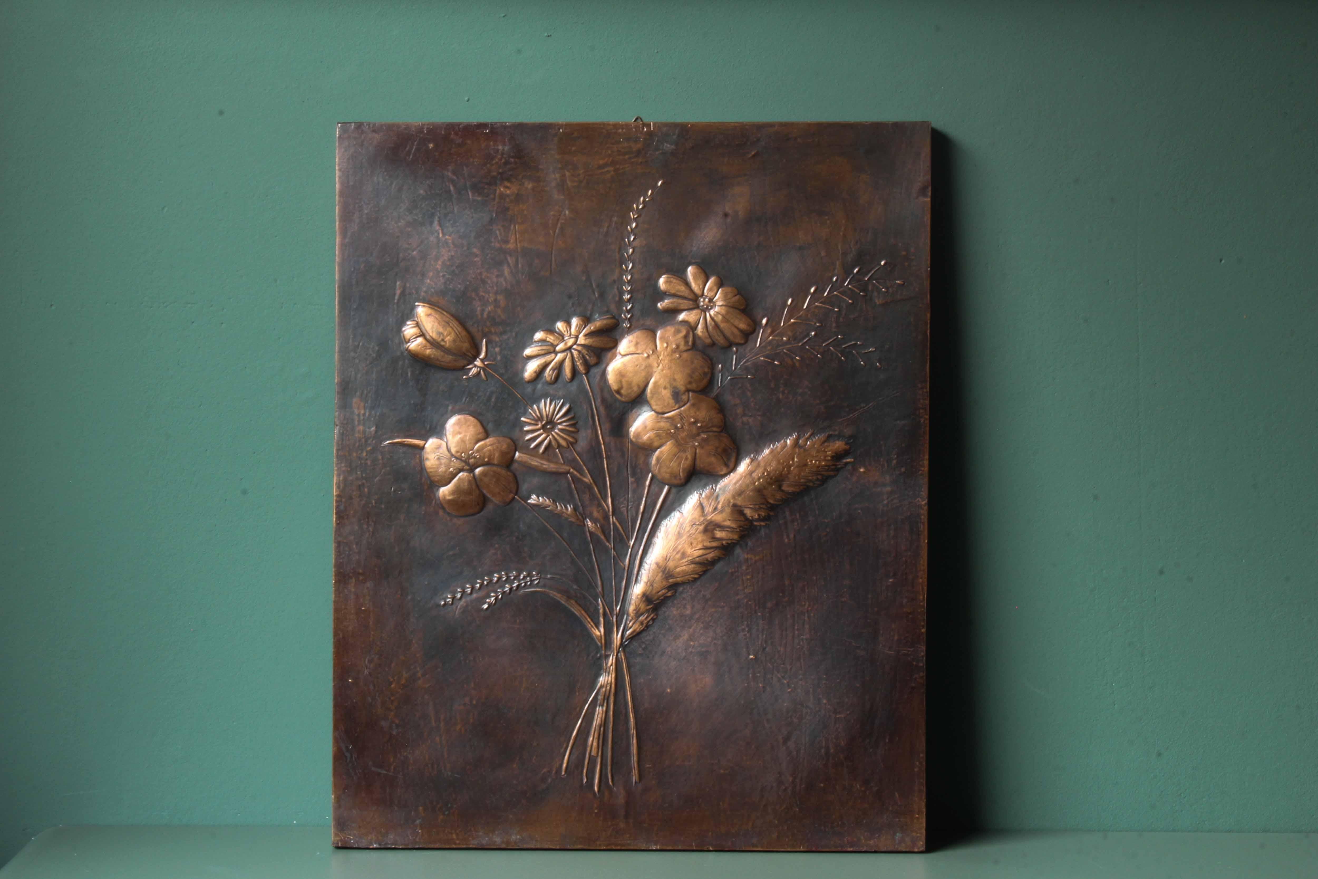 Mid-Century Modern Mid Century Hand Hammered Copper Wall Panels with relief Flowers, est. 1960s For Sale
