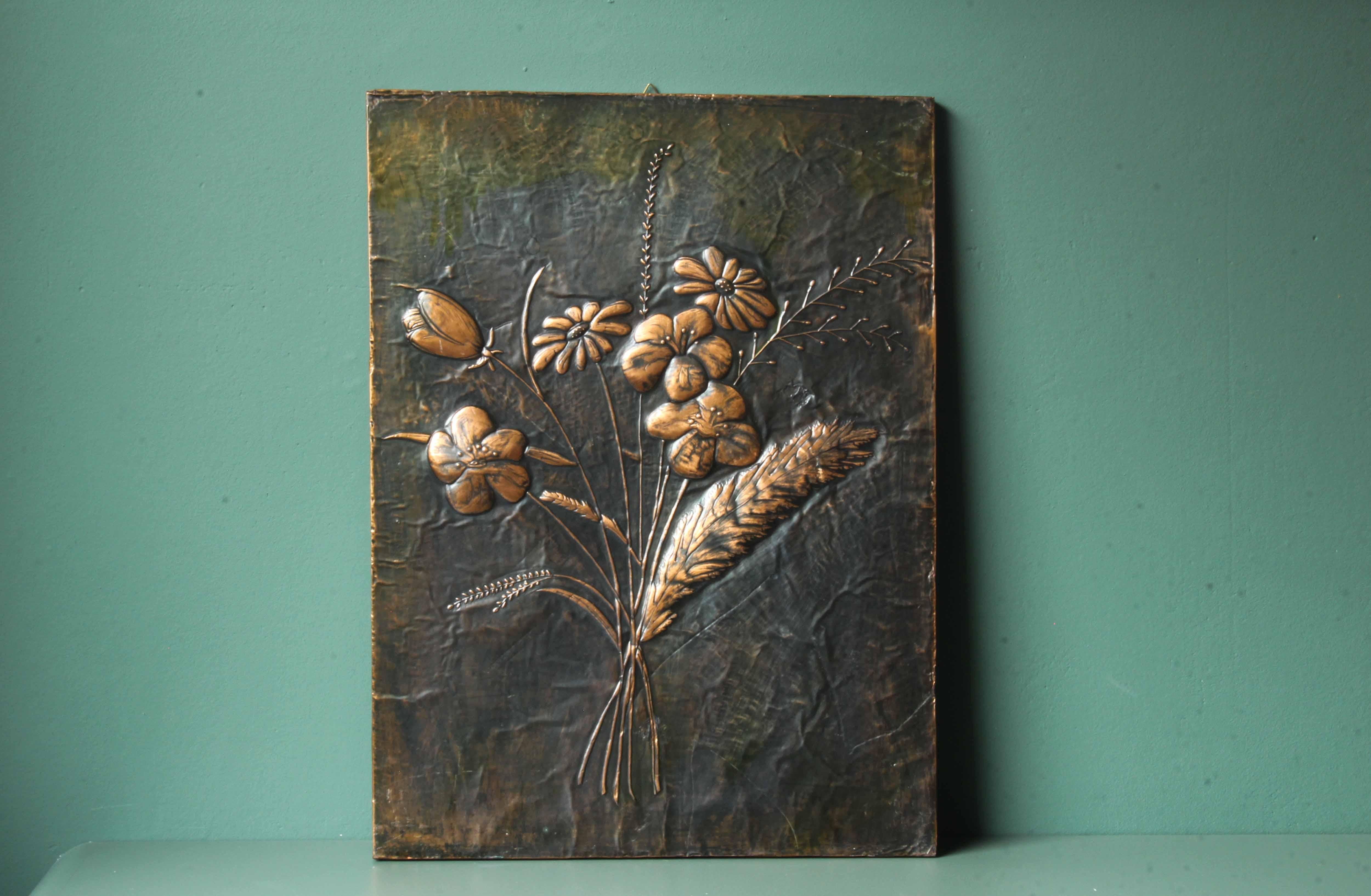 20th Century Mid Century Hand Hammered Copper Wall Panels with relief Flowers, est. 1960s For Sale