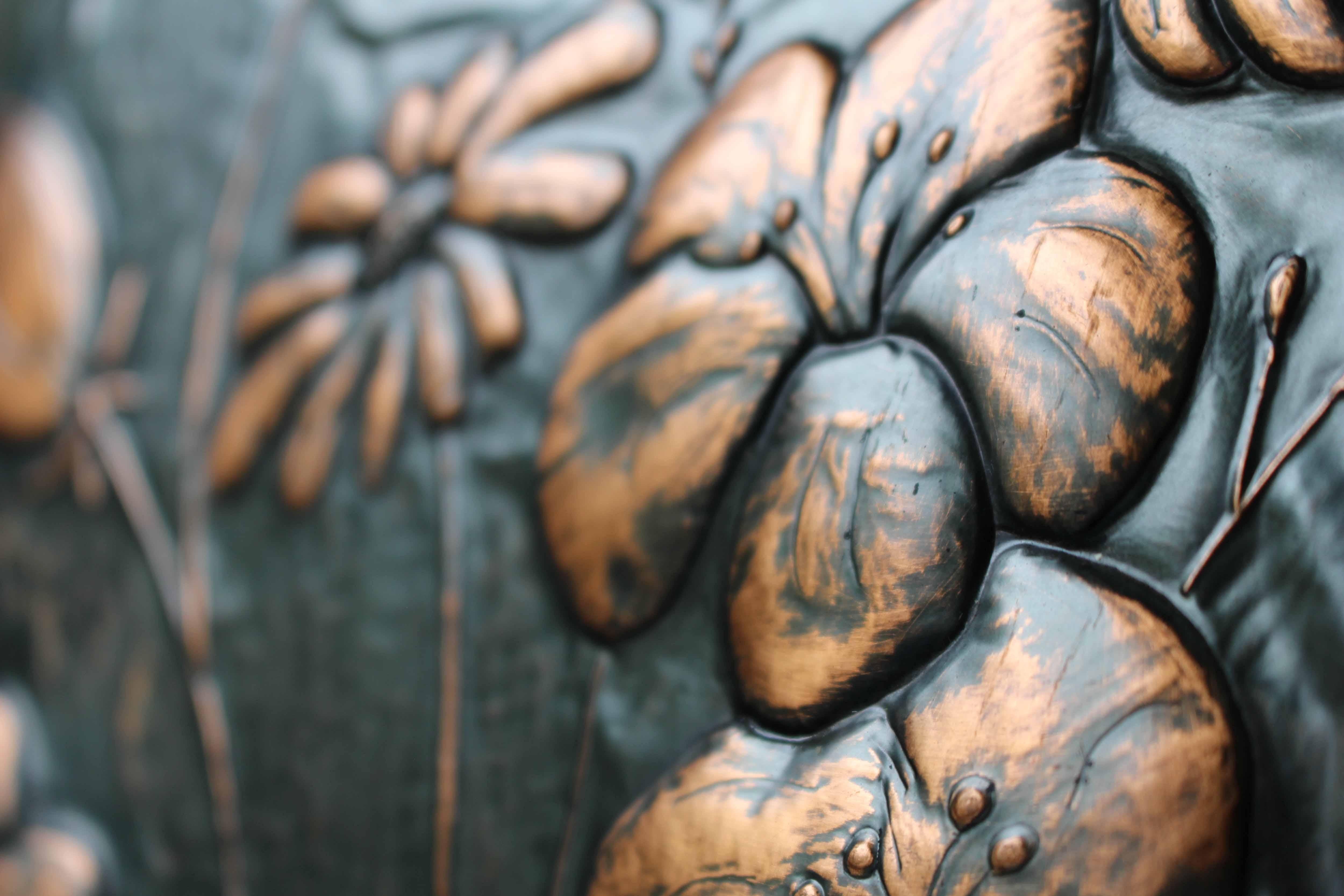 Mid Century Hand Hammered Copper Wall Panels with relief Flowers, est. 1960s For Sale 1