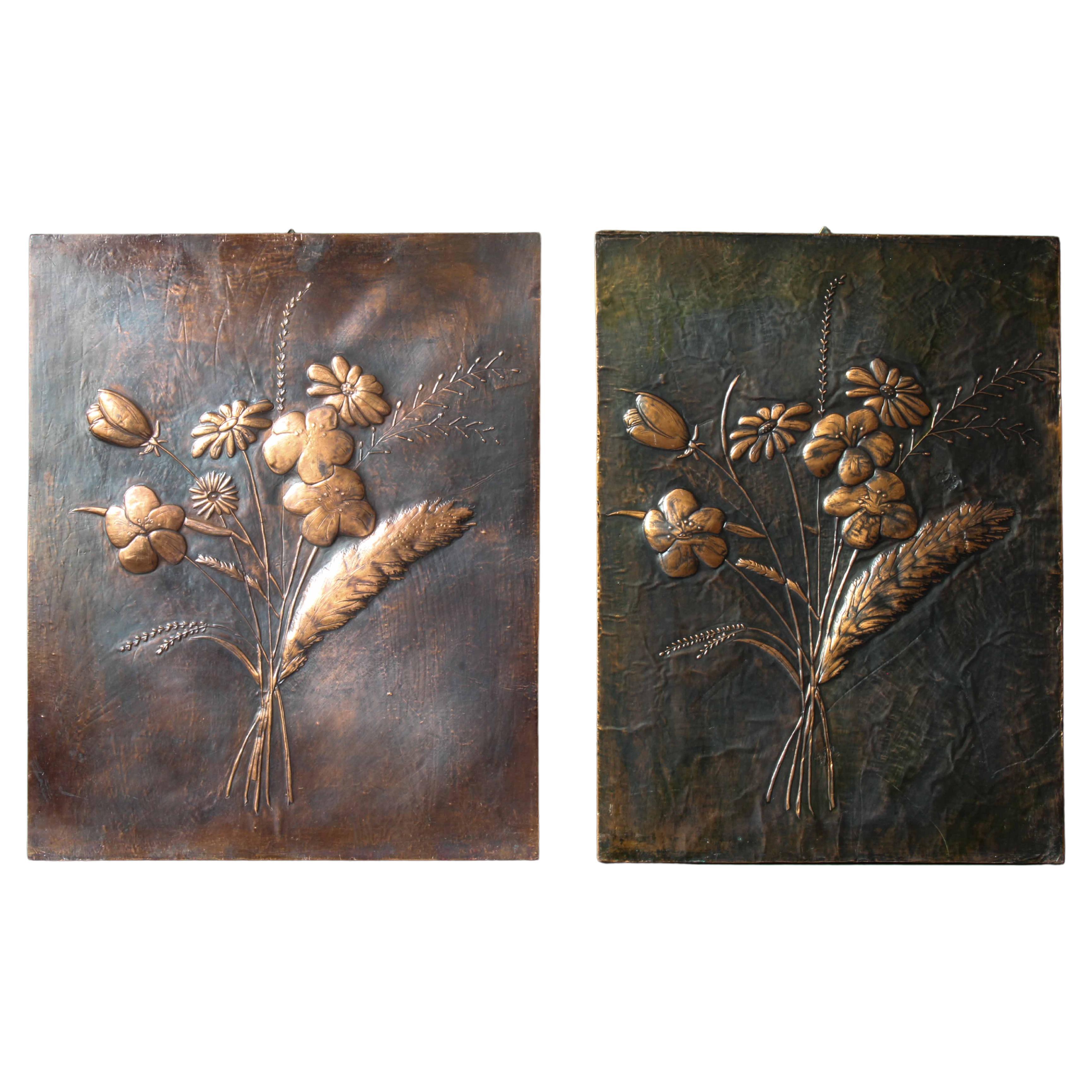 Mid Century Hand Hammered Copper Wall Panels with relief Flowers, est. 1960s For Sale