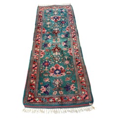 Mid-Century Hand Knotted Floral Turquoise Pink Wool Rug