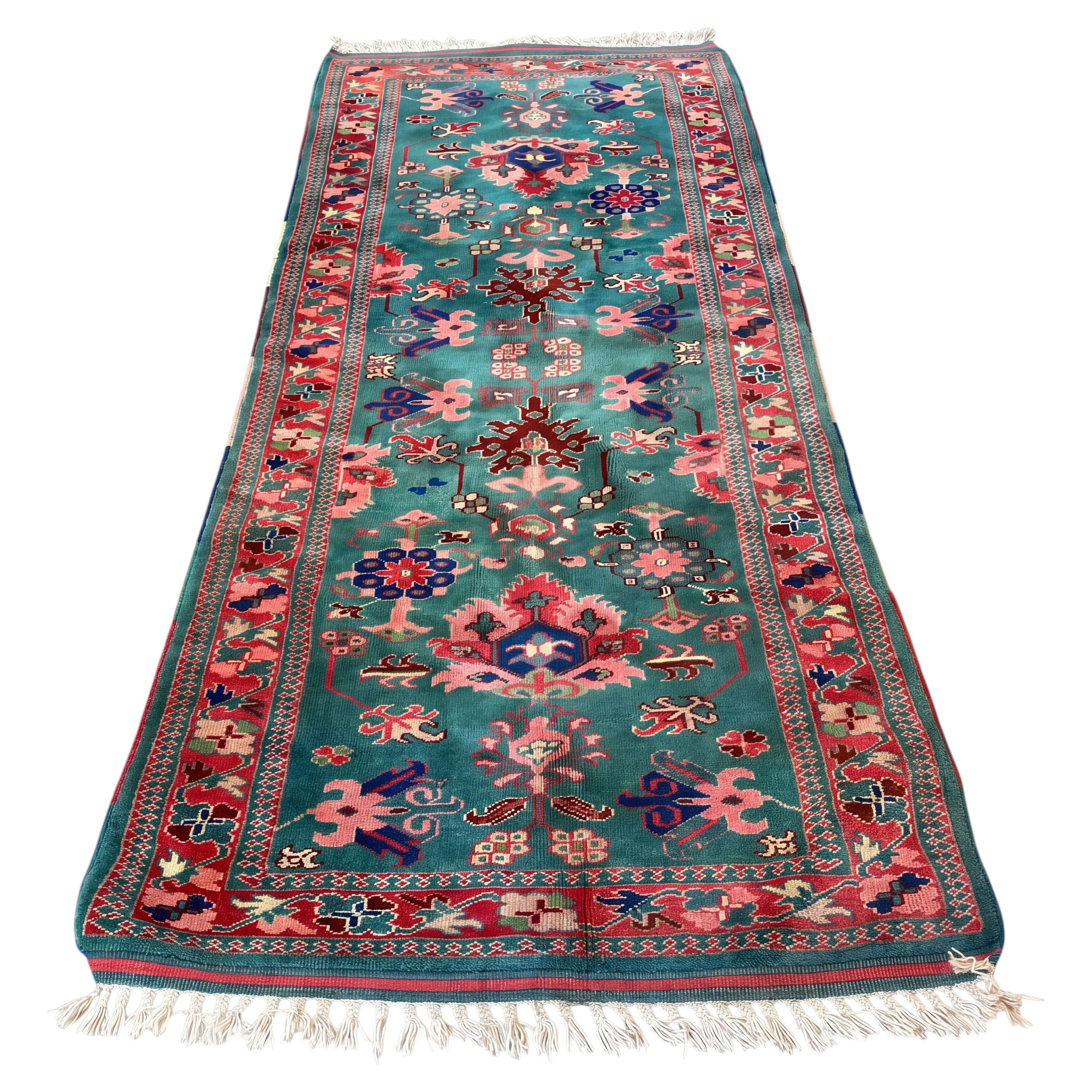 Mid-Century Hand Knotted Floral Turquoise Pink Wool Rug