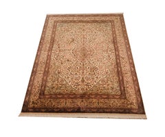 Late 20th Century Hand Knotted Indian Kashmir Silk Rug in Beige and Brown Colors