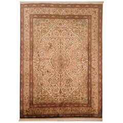 Late 20th Century Hand Knotted Indian Kashmir Silk Rug in Beige and Brown Colors