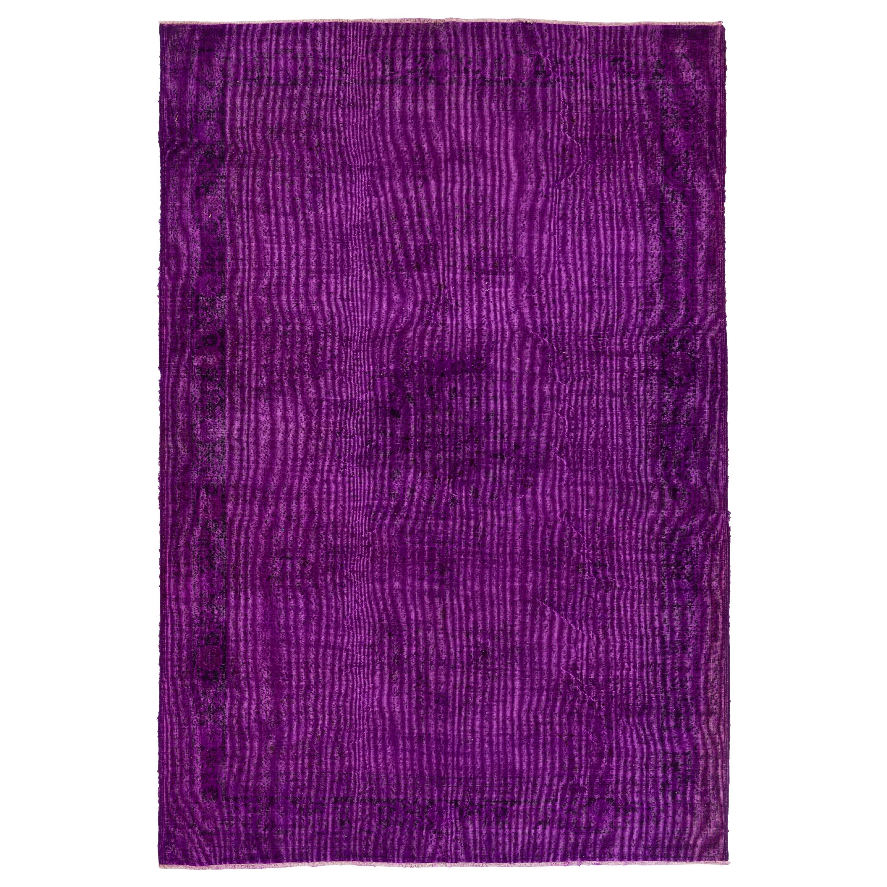 7x10.2 Ft Vintage Turkish Area Rug Overdyed in Purple Color for Modern Interiors