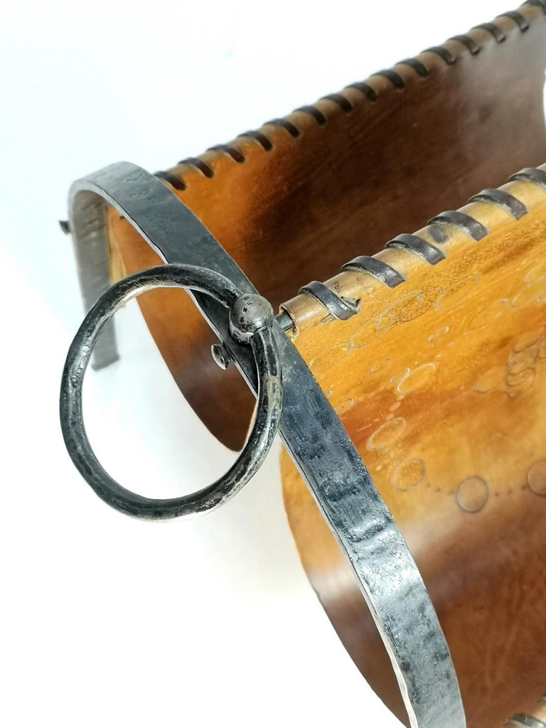 Mid Century Hand Made Cow Leather and Wrought Iron Magazine Holder ...