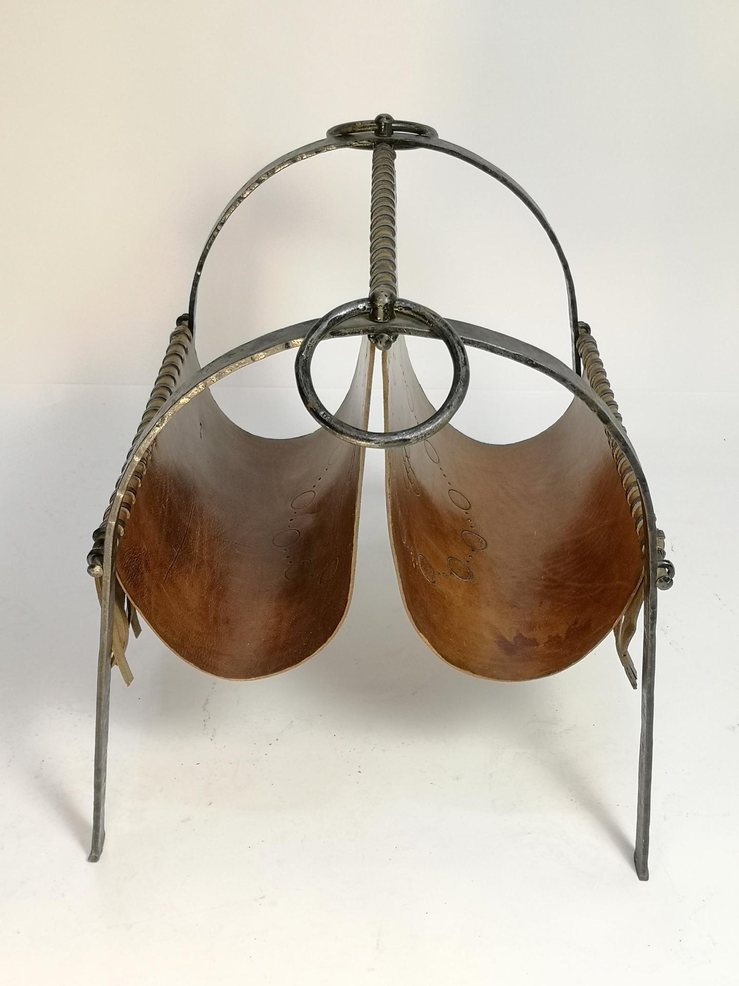 European Mid Century Hand Made Cow Leather and Wrought Iron Magazine Holder, 1970's For Sale