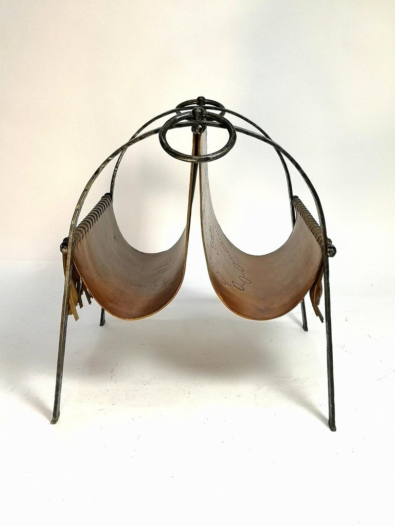 Mid Century Hand Made Cow Leather and Wrought Iron Magazine Holder ...
