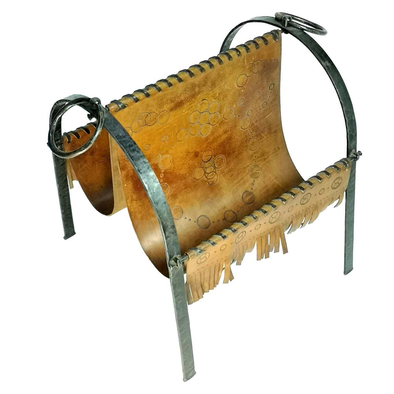 Mid Century Hand Made Cow Leather and Wrought Iron Magazine Holder, 1970's For Sale