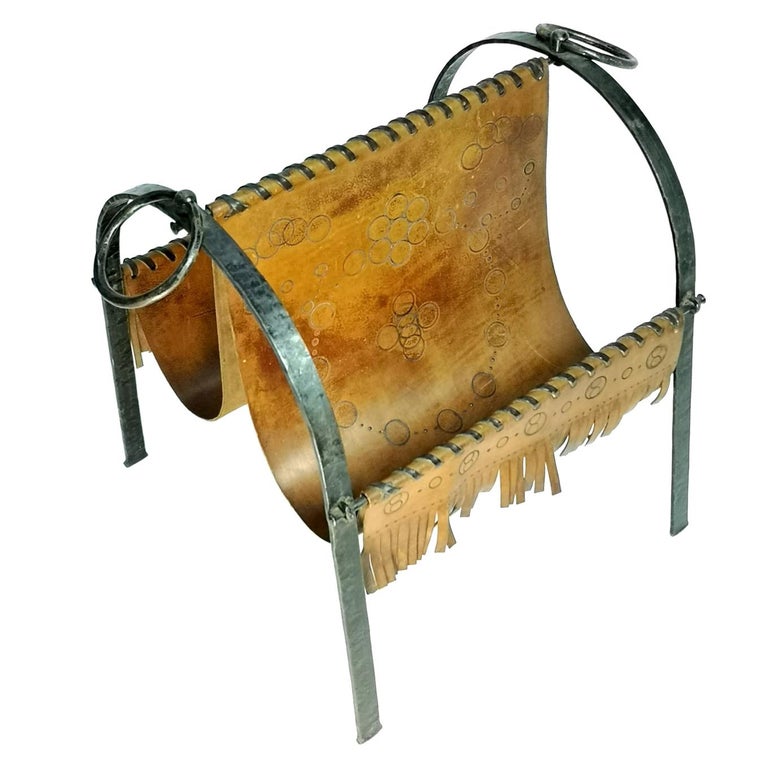 Mid Century Hand Made Cow Leather and Wrought Iron Magazine Holder ...