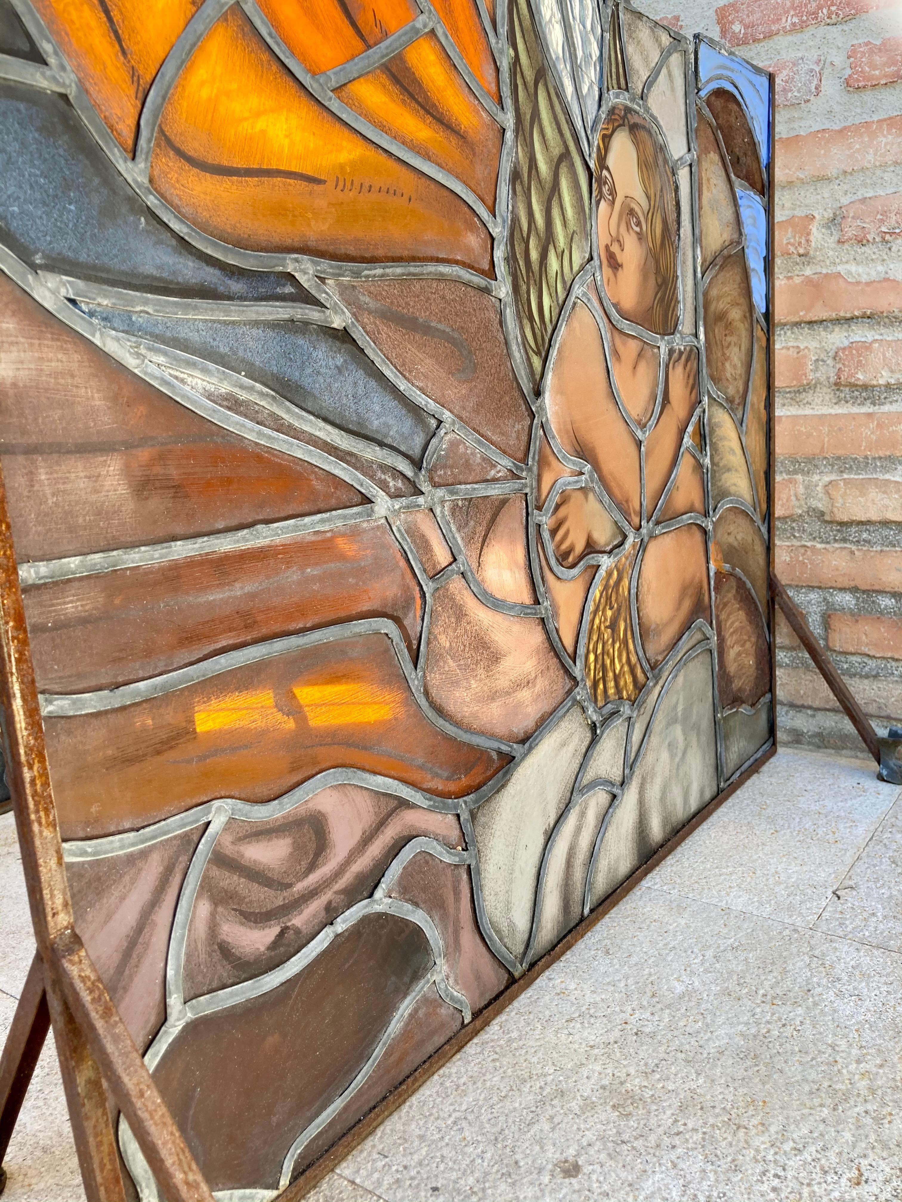 Mid Century Hand Made Glass Painted and Iron Fire Screen For Sale 9