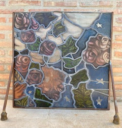 Mid Century Hand Made Glass Painted and Iron Fire Screen