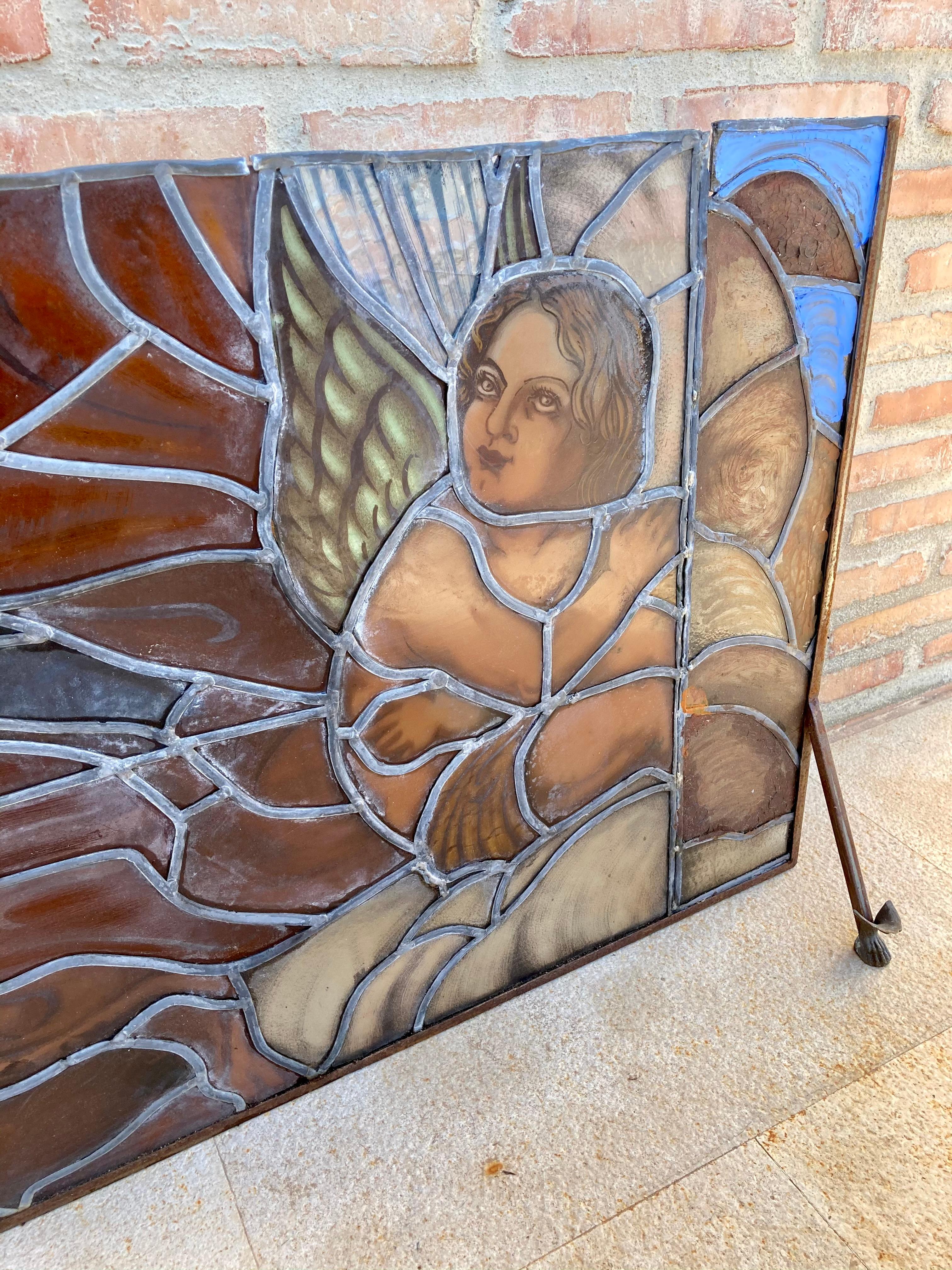 Spanish Mid Century Hand Made Glass Painted and Iron Fire Screen For Sale