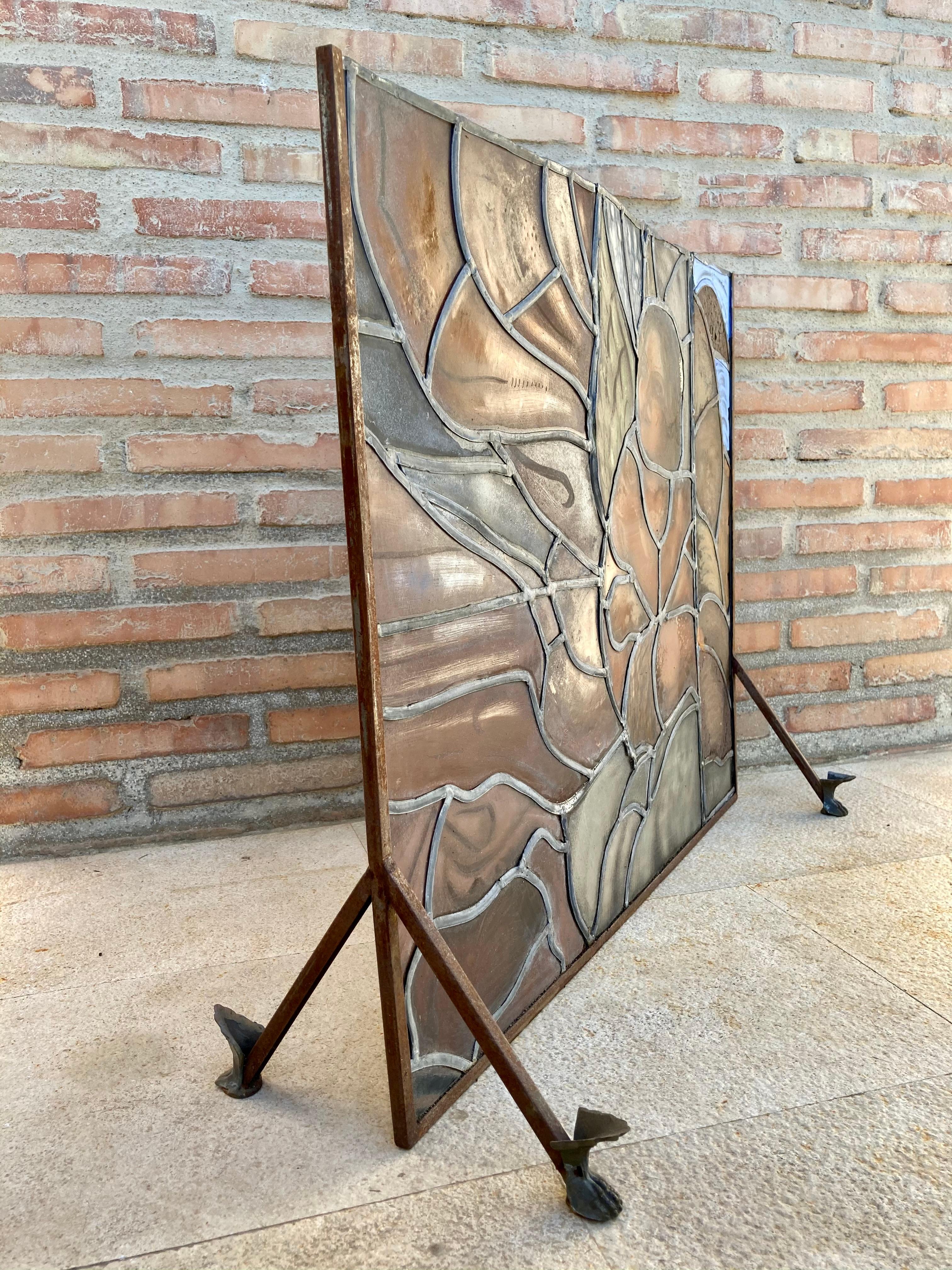 Mid Century Hand Made Glass Painted and Iron Fire Screen In Good Condition For Sale In Miami, FL