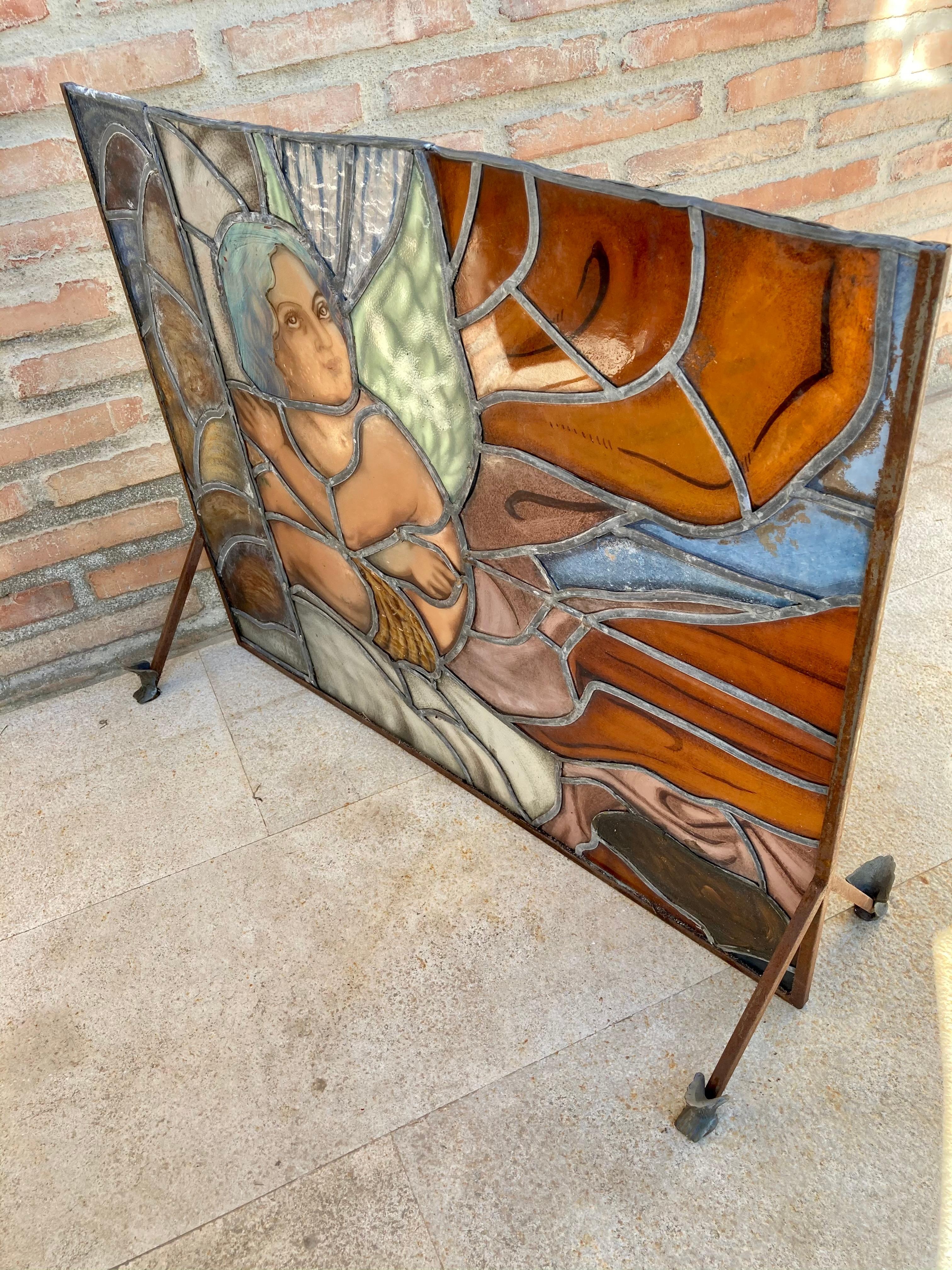 20th Century Mid Century Hand Made Glass Painted and Iron Fire Screen For Sale